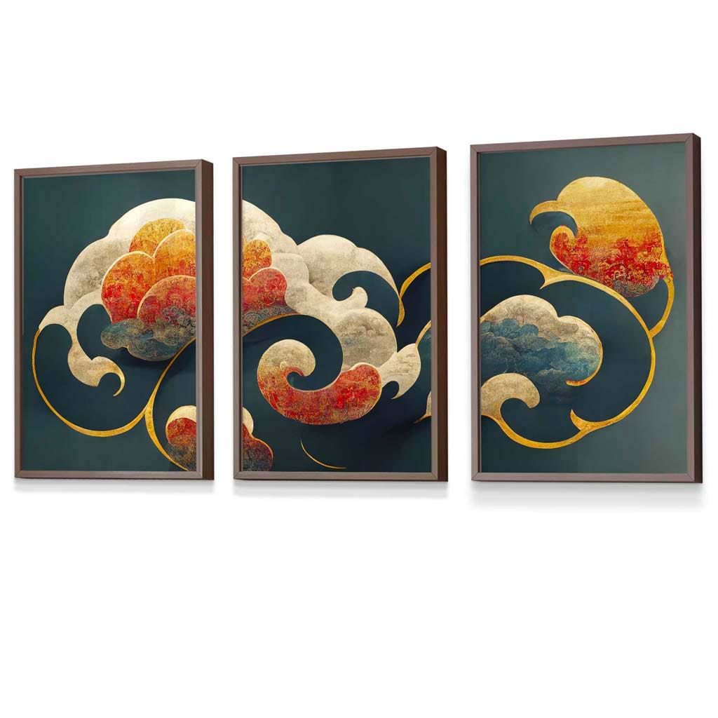 Set of 3 Oriental Abstract Clouds in Teal and Orange Framed Art Prints | Artze Wall Art UK