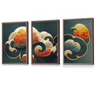 Set of 3 Oriental Abstract Clouds in Teal and Orange Framed Art Prints | Artze Wall Art UK