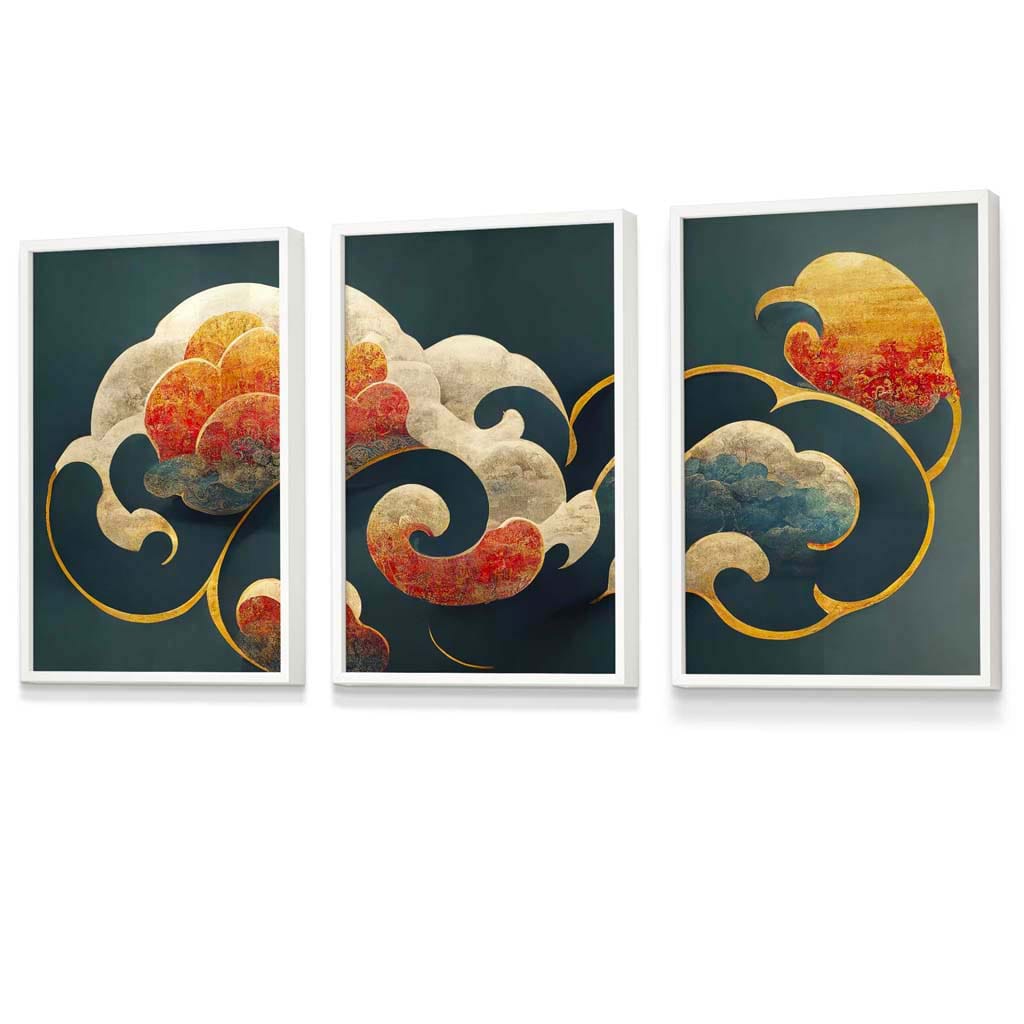Set of 3 Oriental Abstract Clouds in Teal and Orange Framed Art Prints | Artze Wall Art UK