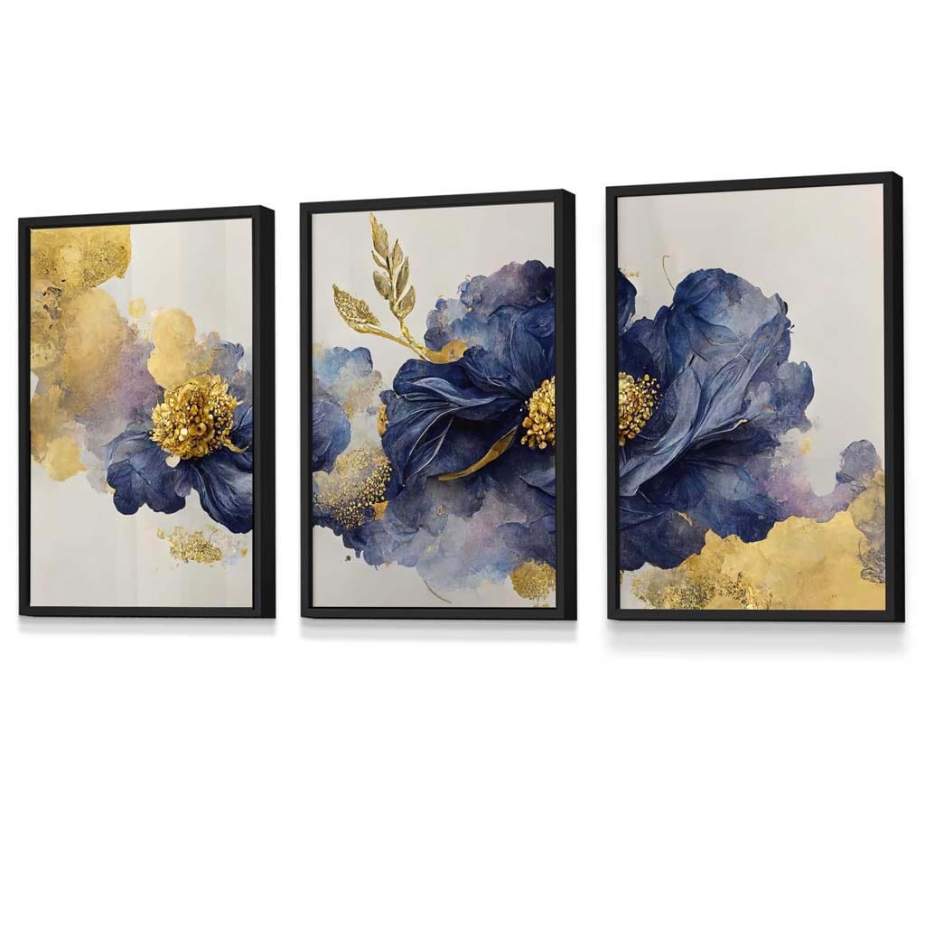 Set of 3 Oriental Abstract Flowers in Purple and Gold Framed Art Prints | Artze Wall Art UK