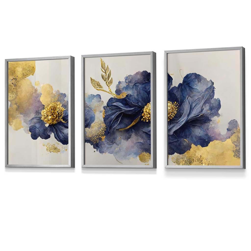 Set of 3 Oriental Abstract Flowers in Purple and Gold Framed Art Prints | Artze Wall Art UK