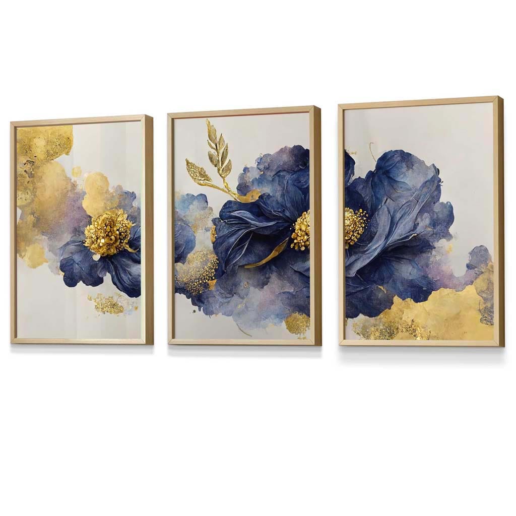 Set of 3 Oriental Abstract Flowers in Purple and Gold Framed Art Prints | Artze Wall Art UK