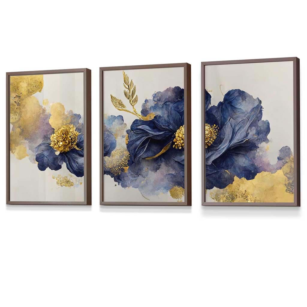 Set of 3 Oriental Abstract Flowers in Purple and Gold Framed Art Prints | Artze Wall Art UK