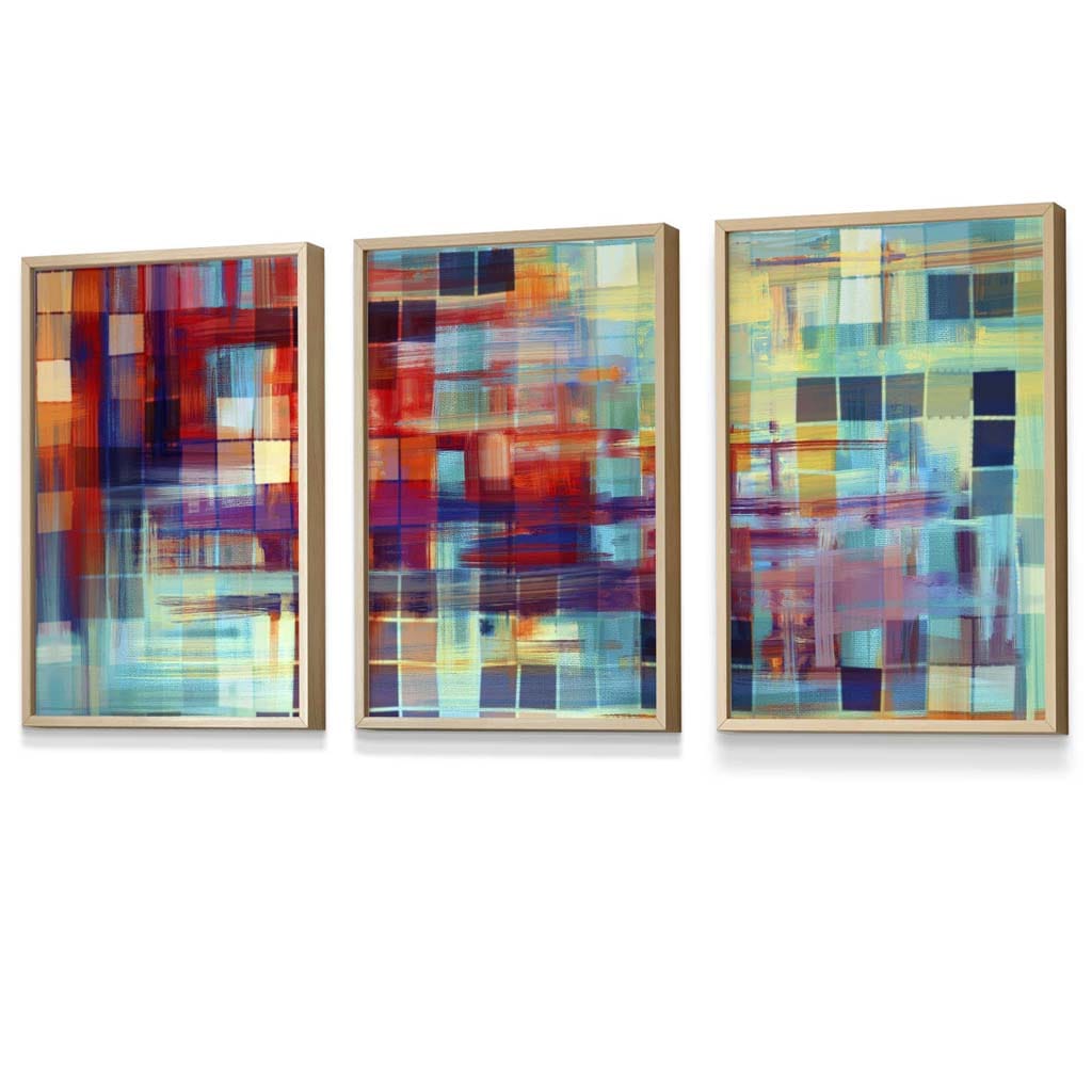 Set of 3 Geometric Abstract Colourful Squares Framed Art Prints | Artze Wall Art UK