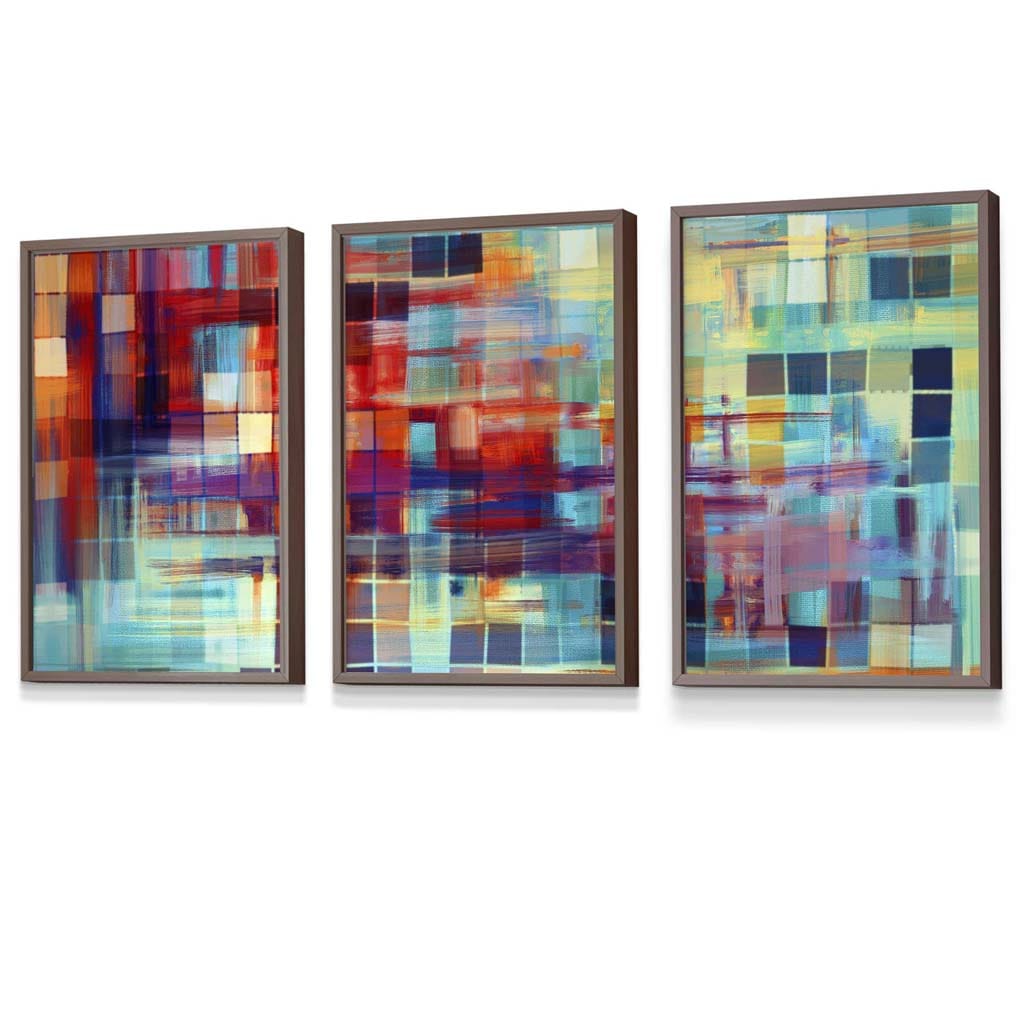 Set of 3 Geometric Abstract Colourful Squares Framed Art Prints | Artze Wall Art UK