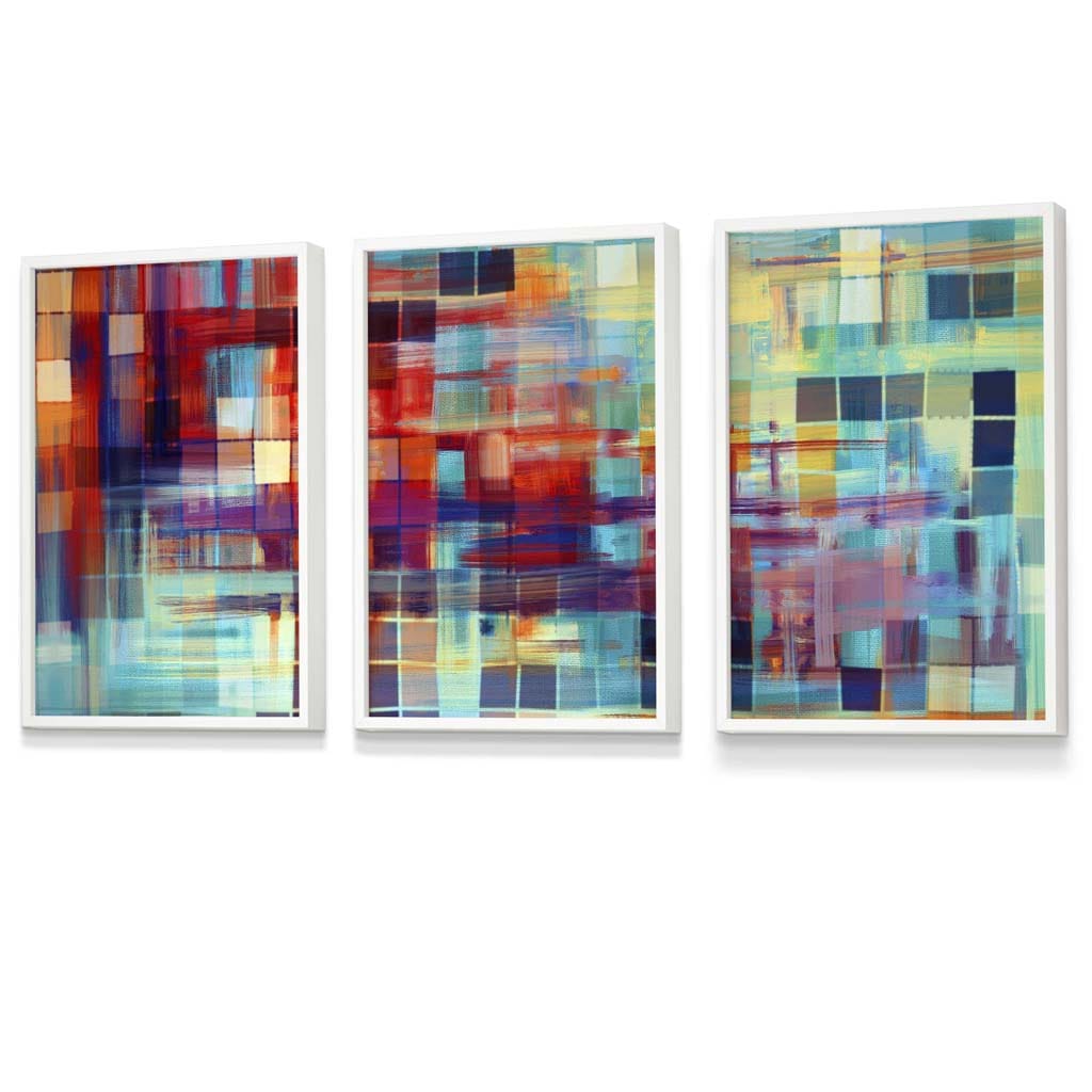 Set of 3 Geometric Abstract Colourful Squares Framed Art Prints | Artze Wall Art UK