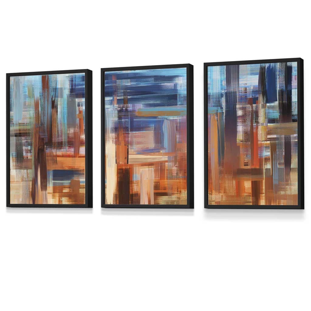 Set of 3 Geometric Abstract Sunset City In Blue and Orange Framed Art Prints | Artze Wall Art UK