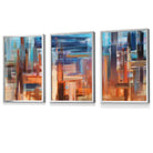 Set of 3 Geometric Abstract Sunset City In Blue and Orange Framed Art Prints | Artze Wall Art UK