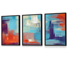 Set of 3 Geometric Abstract Sunset Plaza In Purple,Blue and Orange Framed Art Prints | Artze Wall Art UK