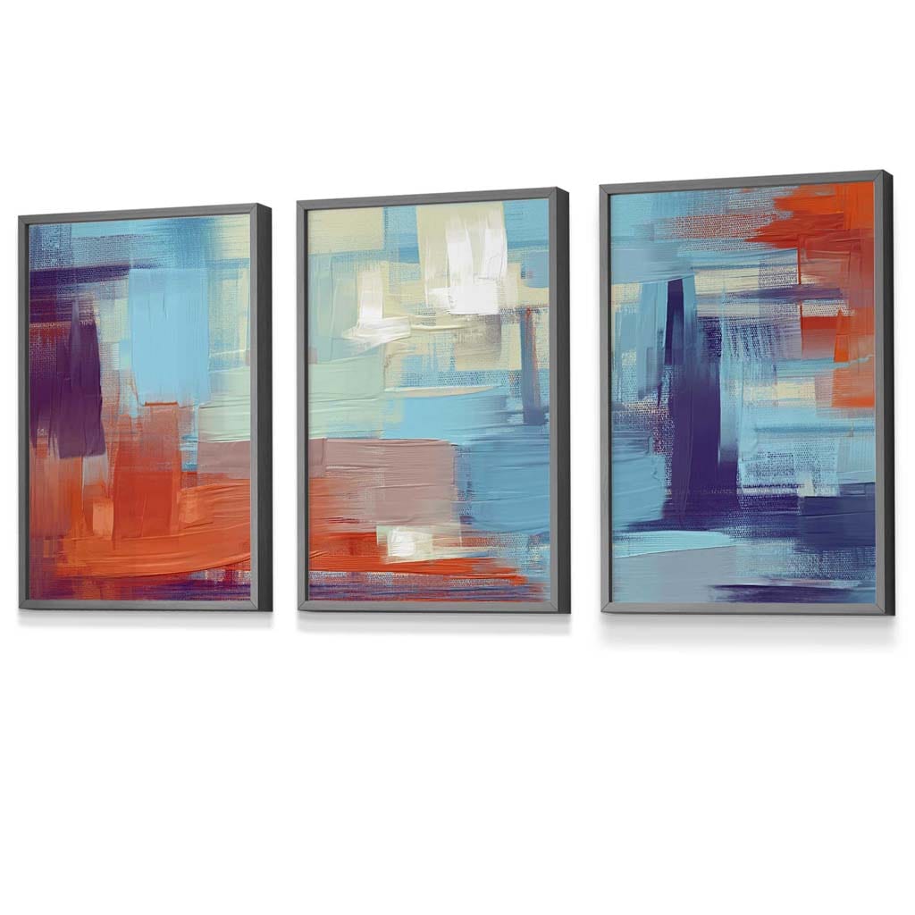 Set of 3 Geometric Abstract Sunset Plaza In Purple,Blue and Orange Framed Art Prints | Artze Wall Art UK