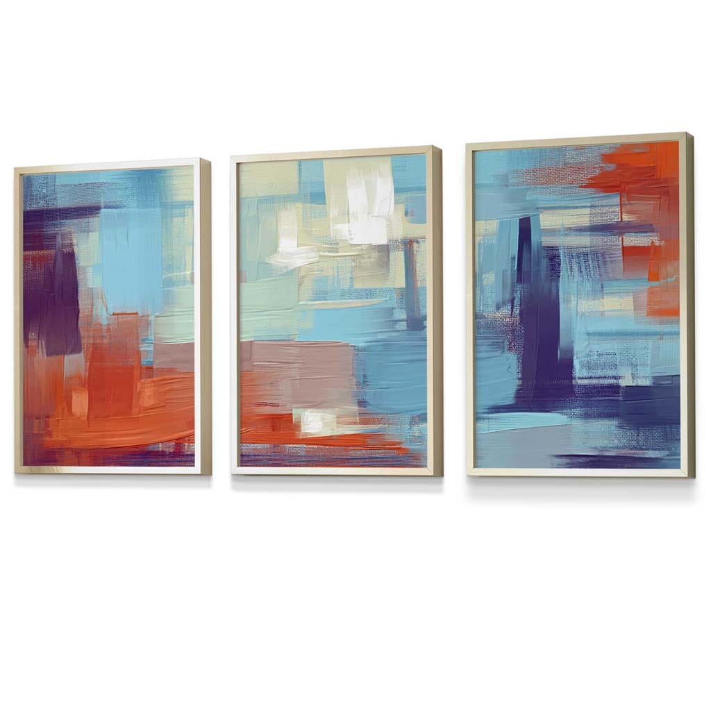 Set of 3 Geometric Abstract Sunset Plaza In Purple,Blue and Orange Framed Art Prints | Artze Wall Art UK