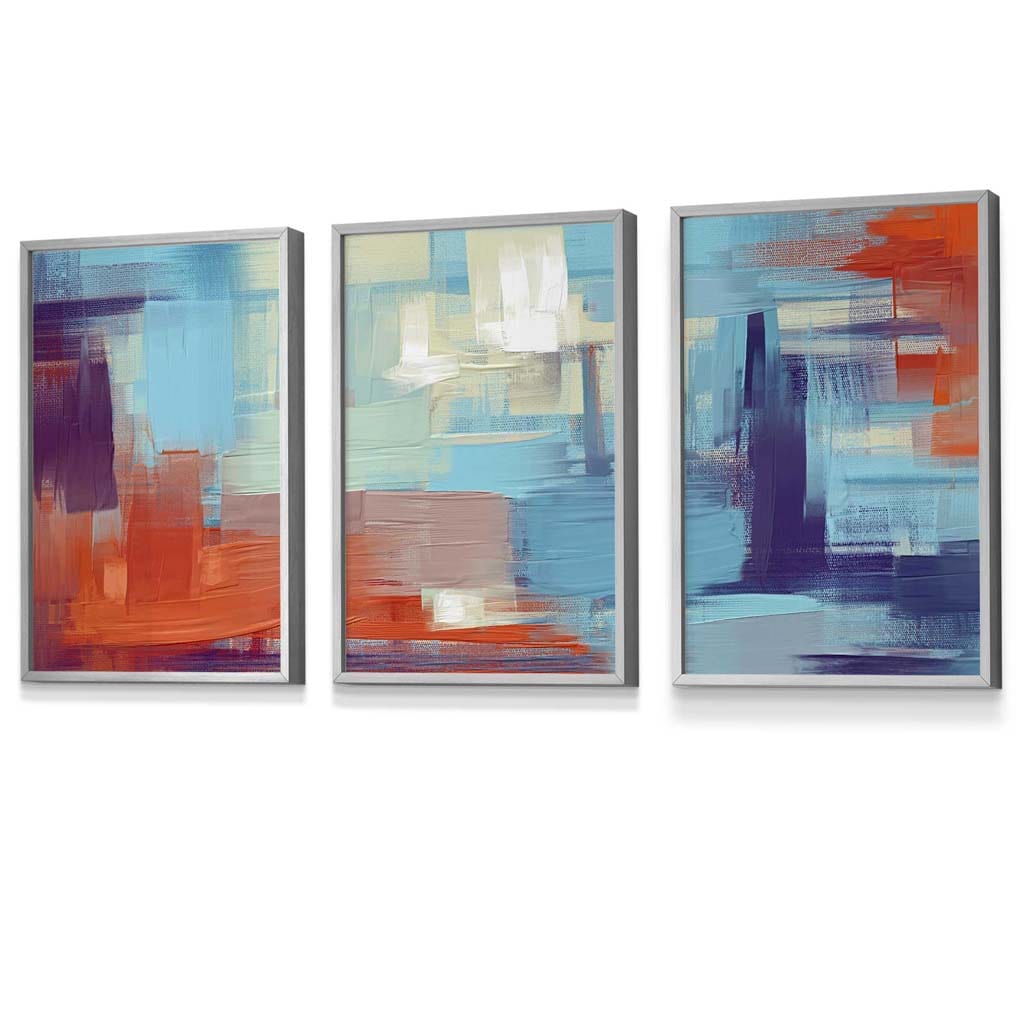 Set of 3 Geometric Abstract Sunset Plaza In Purple,Blue and Orange Framed Art Prints | Artze Wall Art UK