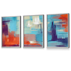 Set of 3 Geometric Abstract Sunset Plaza In Purple,Blue and Orange Framed Art Prints | Artze Wall Art UK