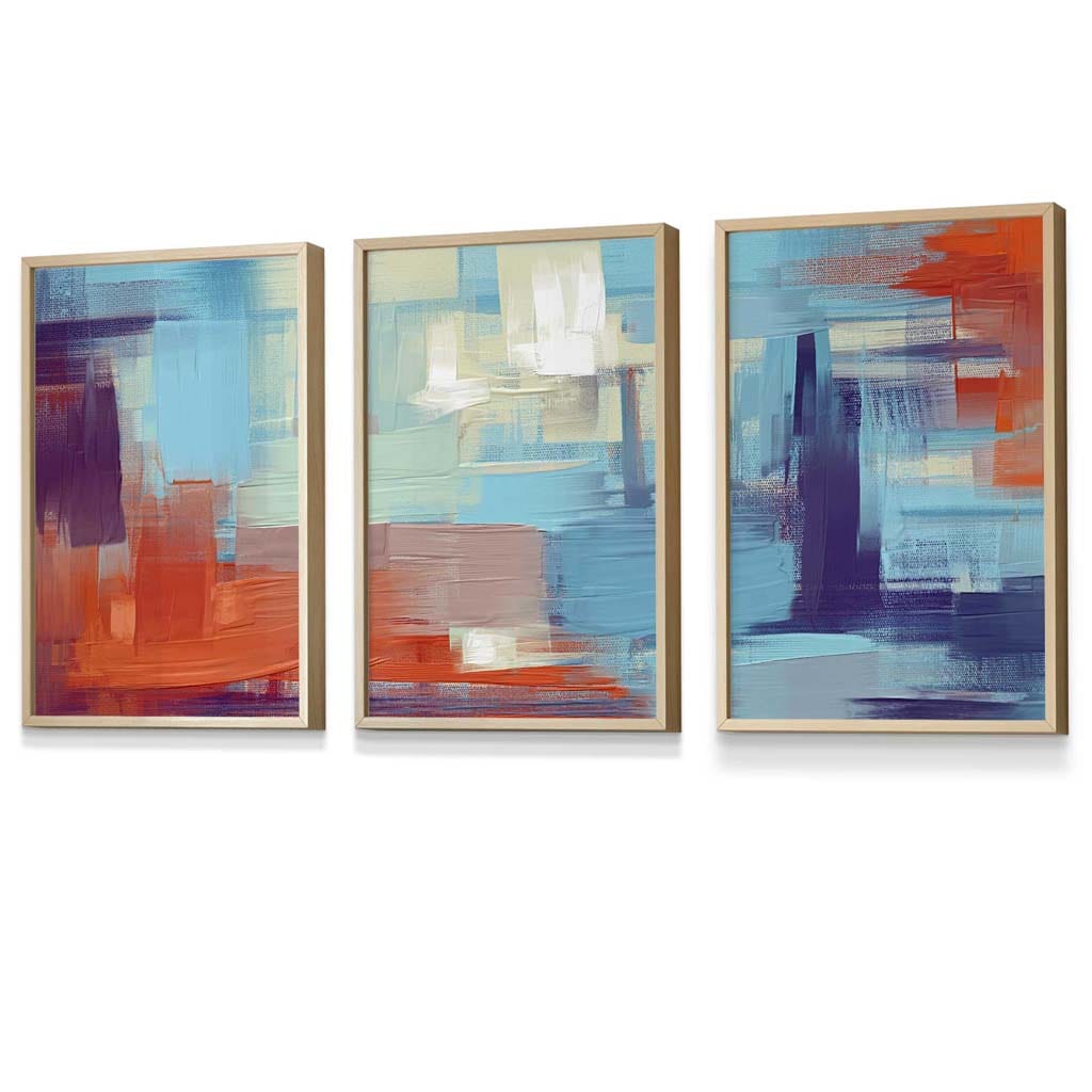 Set of 3 Geometric Abstract Sunset Plaza In Purple,Blue and Orange Framed Art Prints | Artze Wall Art UK