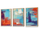 Set of 3 Geometric Abstract Sunset Plaza In Purple,Blue and Orange Framed Art Prints | Artze Wall Art UK