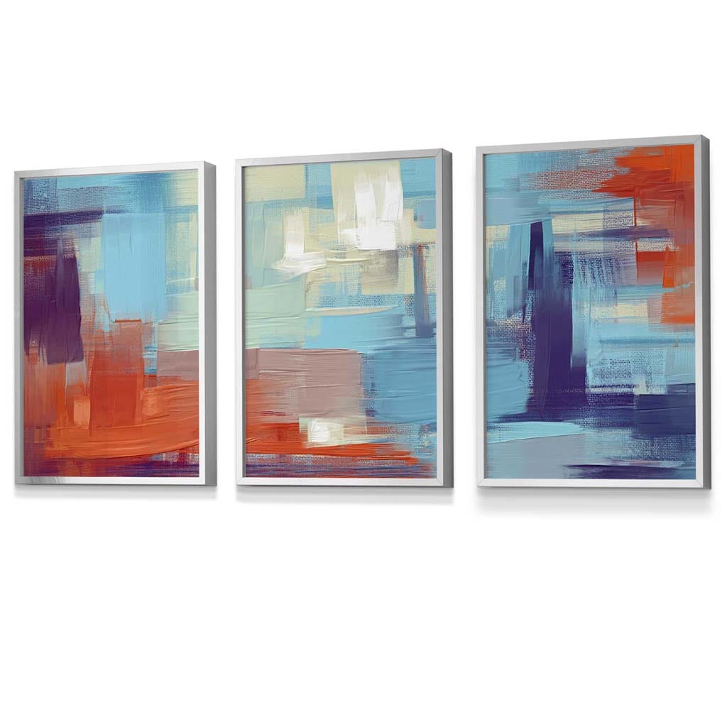 Set of 3 Geometric Abstract Sunset Plaza In Purple,Blue and Orange Framed Art Prints | Artze Wall Art UK