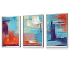 Set of 3 Geometric Abstract Sunset Plaza In Purple,Blue and Orange Framed Art Prints | Artze Wall Art UK
