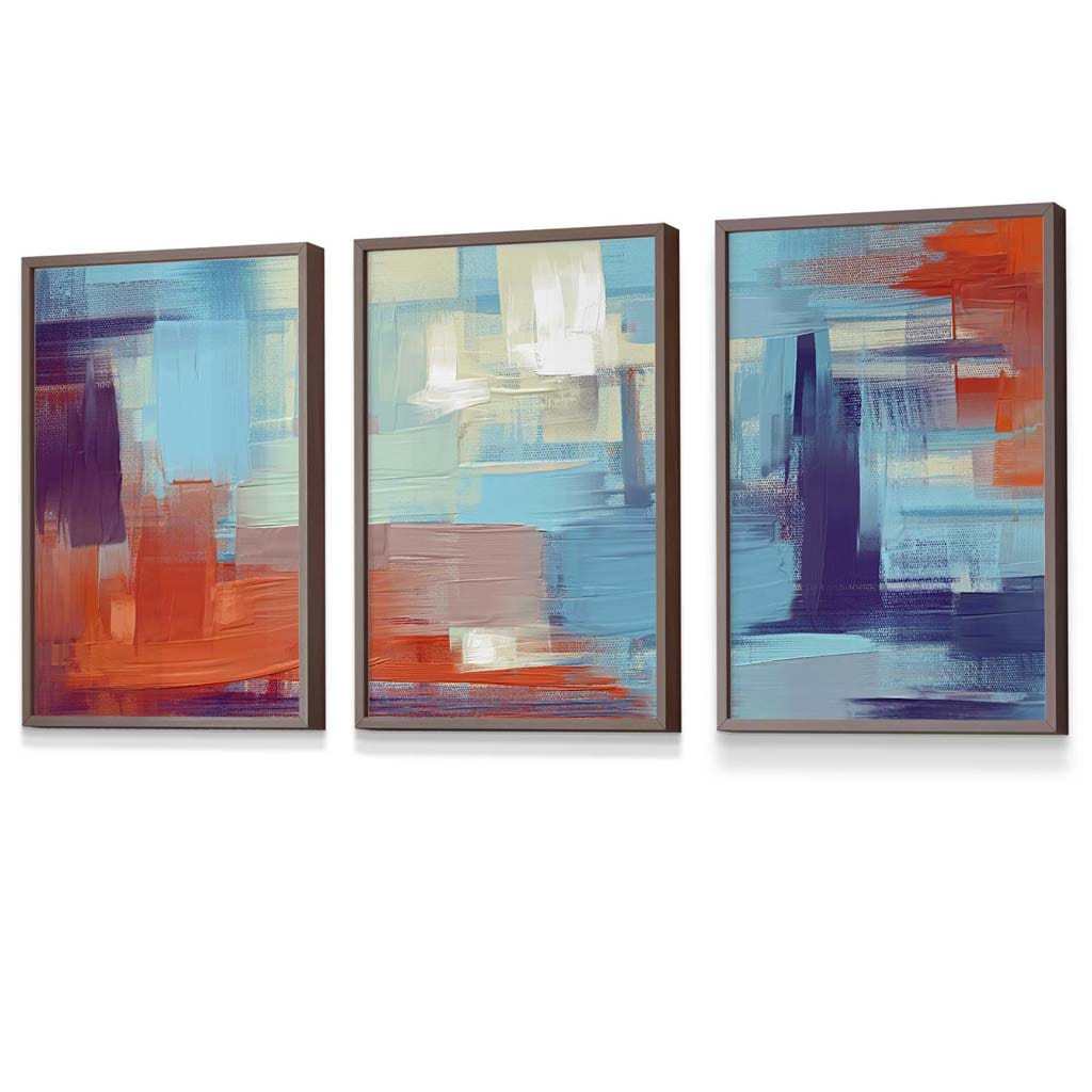 Set of 3 Geometric Abstract Sunset Plaza In Purple,Blue and Orange Framed Art Prints | Artze Wall Art UK