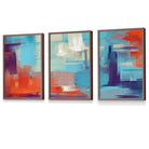 Set of 3 Geometric Abstract Sunset Plaza In Purple,Blue and Orange Framed Art Prints | Artze Wall Art UK