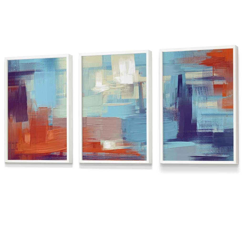 Set of 3 Geometric Abstract Sunset Plaza In Purple,Blue and Orange Framed Art Prints | Artze Wall Art UK