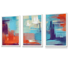 Set of 3 Geometric Abstract Sunset Plaza In Purple,Blue and Orange Framed Art Prints | Artze Wall Art UK