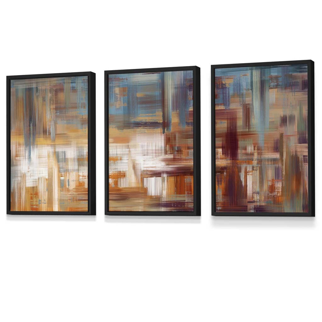 Set of 3 Geometric Abstract Urban Landscape In Blue Orange White Framed Art Prints | Artze Wall Art UK