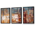 Set of 3 Geometric Abstract Urban Landscape In Blue Orange White Framed Art Prints | Artze Wall Art UK