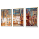 Set of 3 Geometric Abstract Urban Landscape In Blue Orange White Framed Art Prints | Artze Wall Art UK