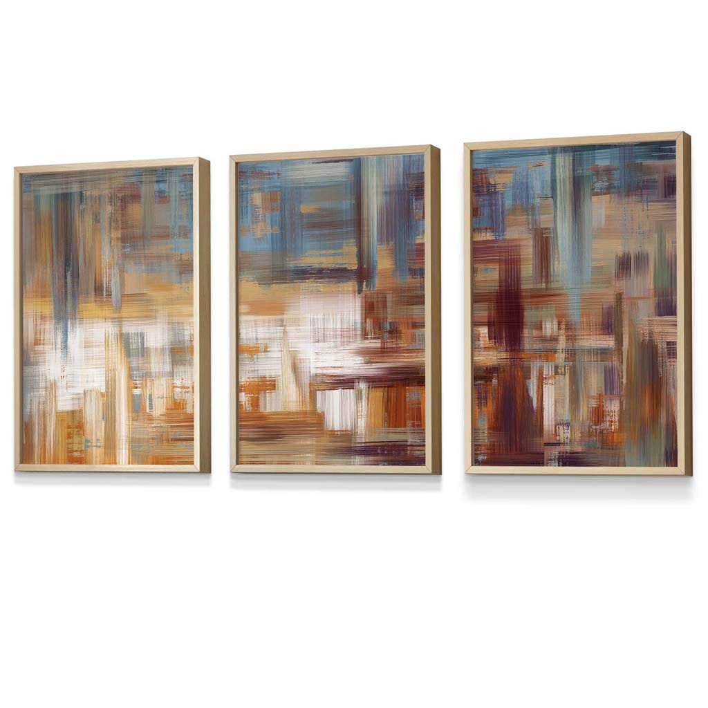 Set of 3 Geometric Abstract Urban Landscape In Blue Orange White Framed Art Prints | Artze Wall Art UK