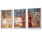 Set of 3 Geometric Abstract Urban Landscape In Blue Orange White Framed Art Prints | Artze Wall Art UK