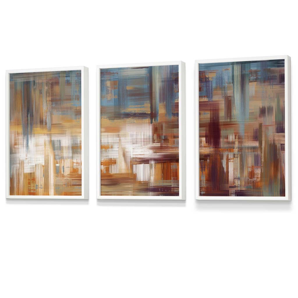 Set of 3 Geometric Abstract Urban Landscape In Blue Orange White Framed Art Prints | Artze Wall Art UK
