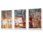 Set of 3 Geometric Abstract Urban Landscape In Blue Orange White Framed Art Prints | Artze Wall Art UK