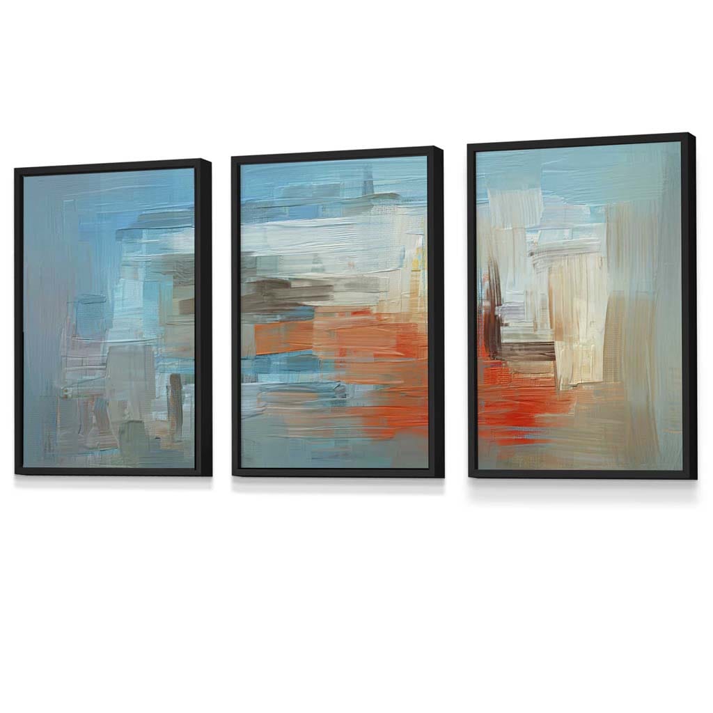 Set of 3 Geometric Abstract In Blue Orange White Framed Art Prints | Artze Wall Art UK