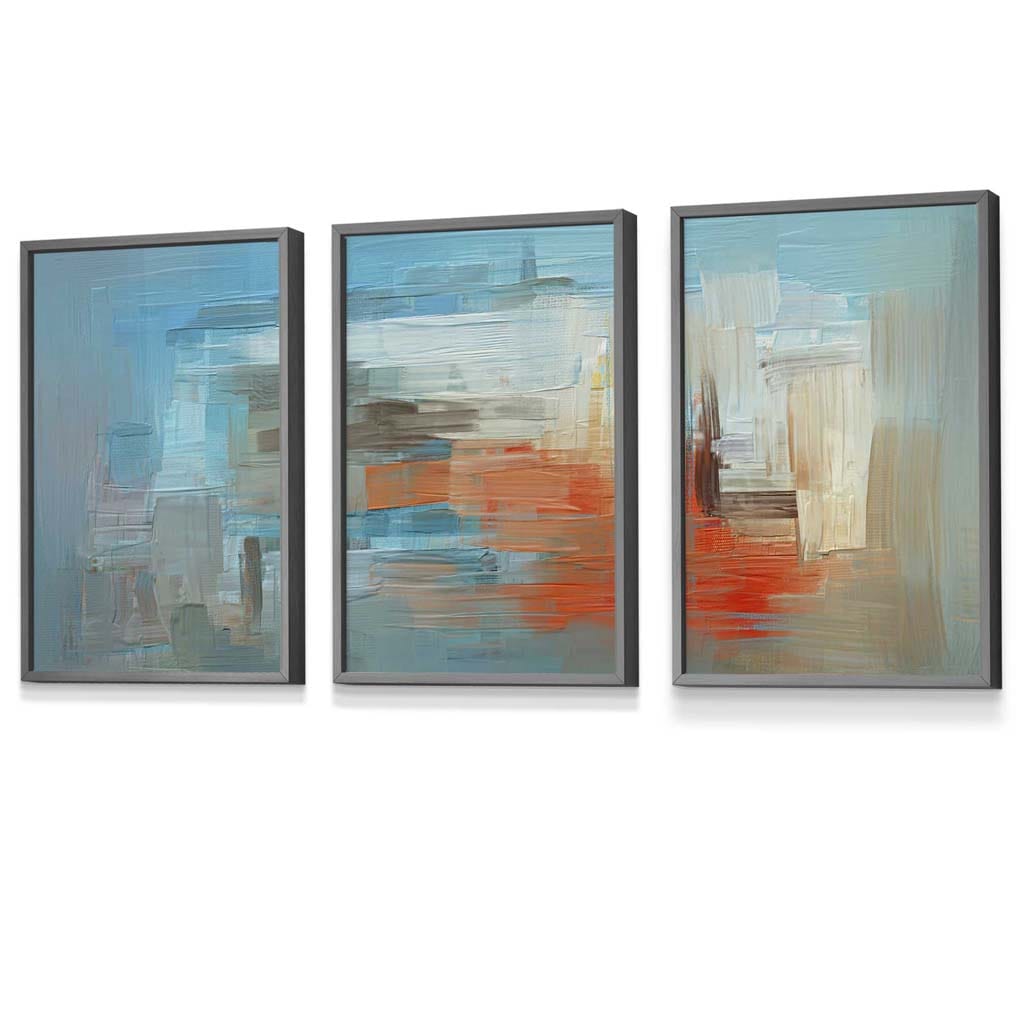 Set of 3 Geometric Abstract In Blue Orange White Framed Art Prints | Artze Wall Art UK