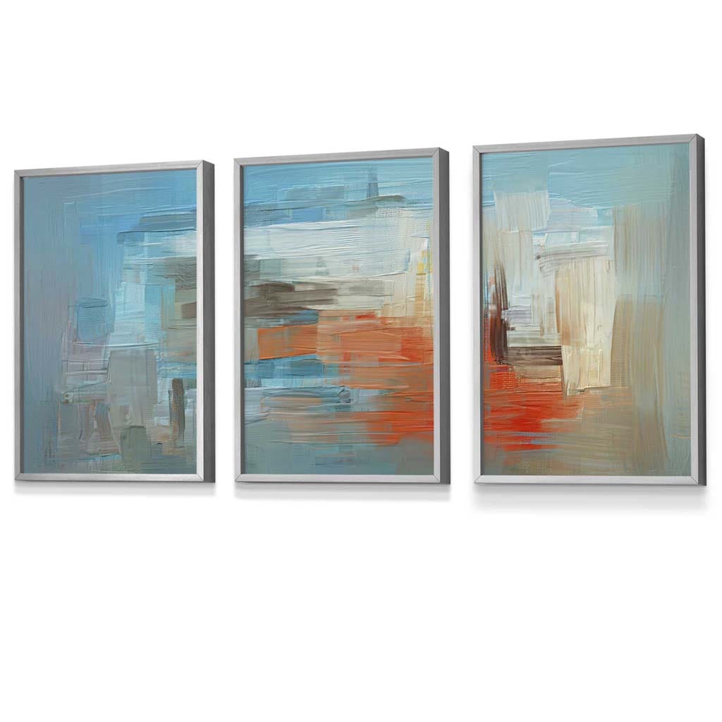 Set of 3 Geometric Abstract In Blue Orange White Framed Art Prints | Artze Wall Art UK