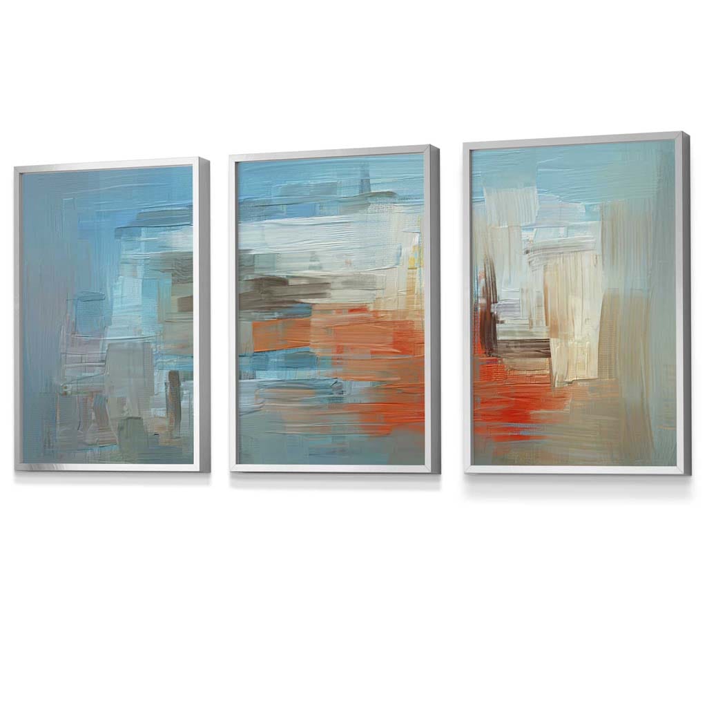 Set of 3 Geometric Abstract In Blue Orange White Framed Art Prints | Artze Wall Art UK