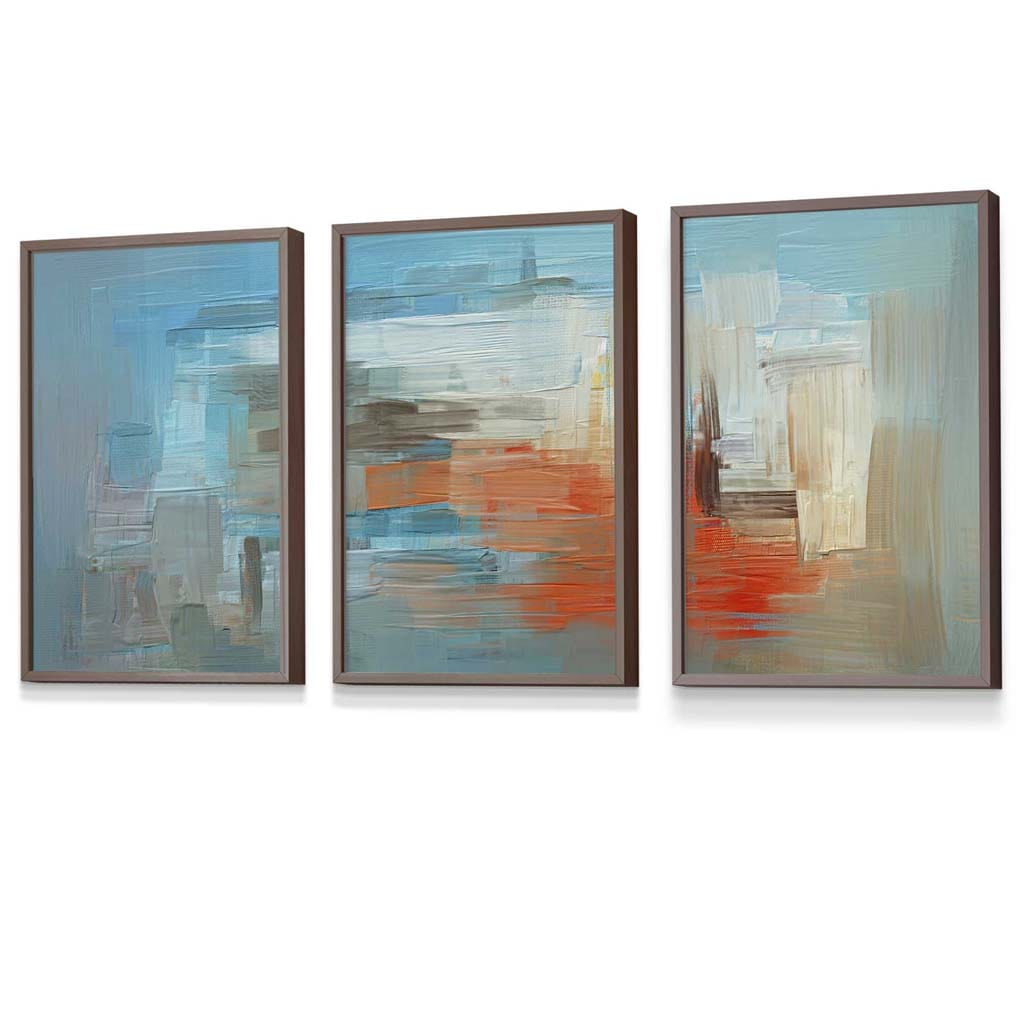 Set of 3 Geometric Abstract In Blue Orange White Framed Art Prints | Artze Wall Art UK