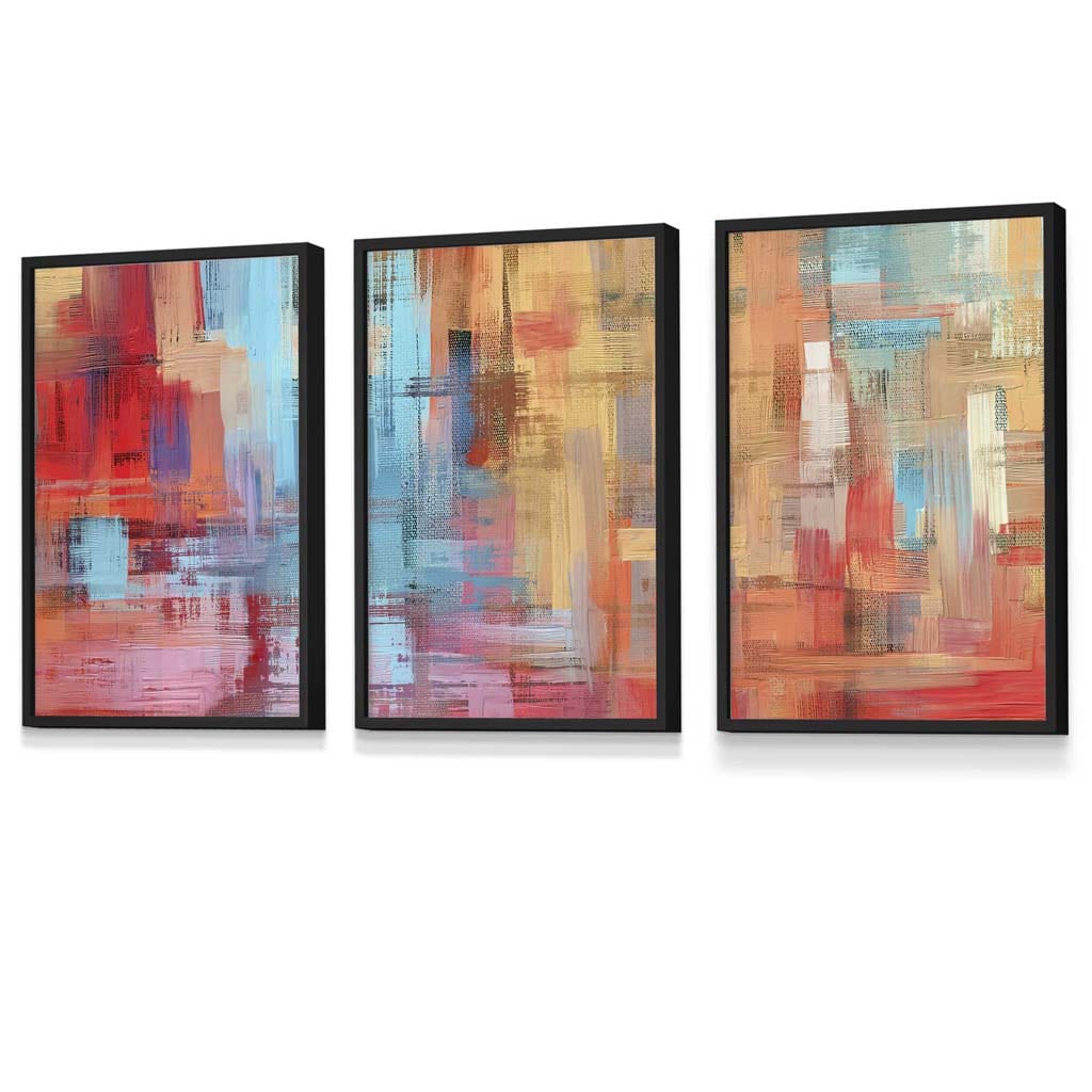 Set of 3 Geometric Abstract Strokes In Red Blue Yellow Framed Art Prints | Artze Wall Art UK