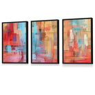 Set of 3 Geometric Abstract Strokes In Red Blue Yellow Framed Art Prints | Artze Wall Art UK
