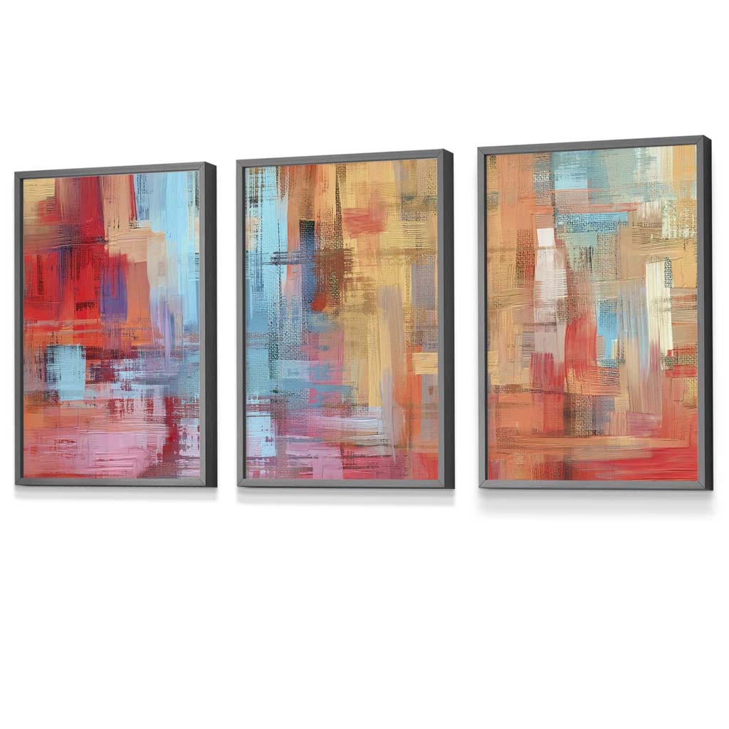 Set of 3 Geometric Abstract Strokes In Red Blue Yellow Framed Art Prints | Artze Wall Art UK