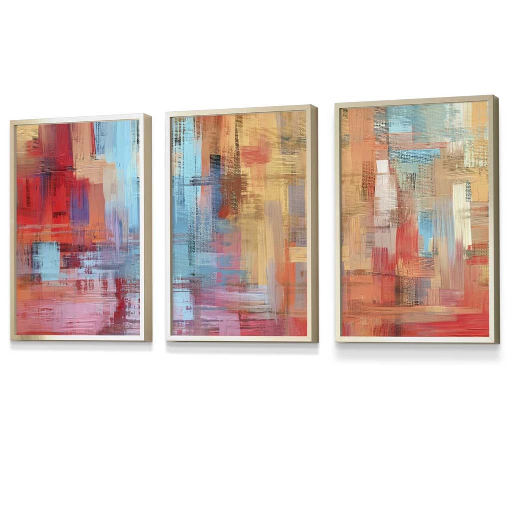 Set of 3 Geometric Abstract Strokes In Red Blue Yellow Framed Art Prints | Artze Wall Art UK