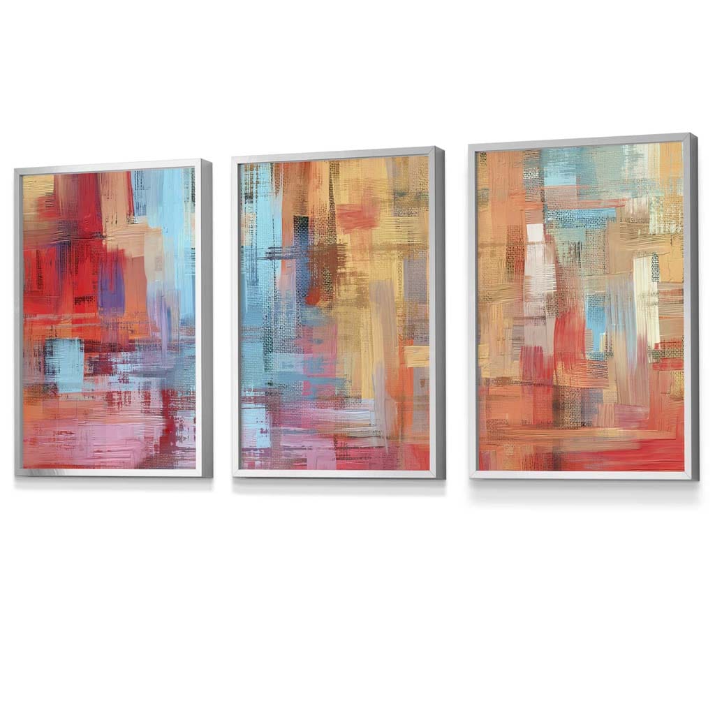 Set of 3 Geometric Abstract Strokes In Red Blue Yellow Framed Art Prints | Artze Wall Art UK
