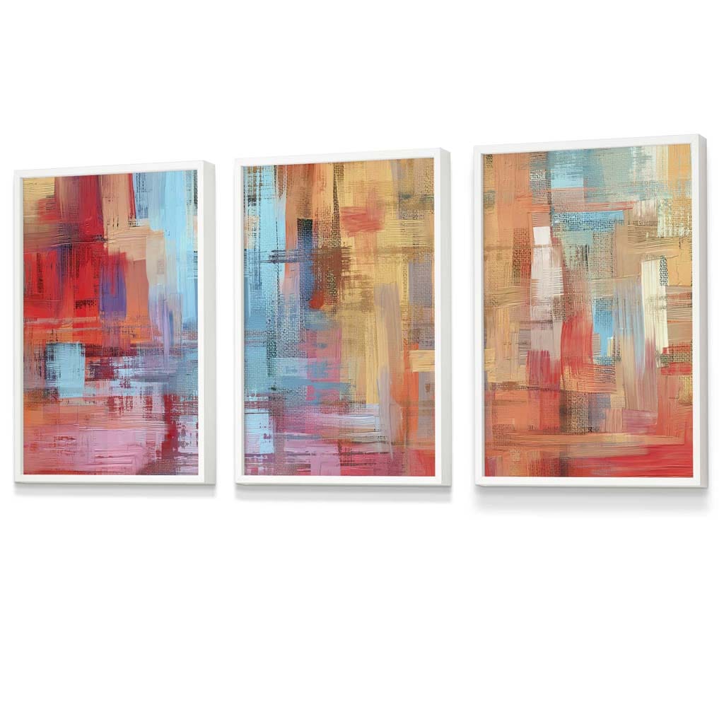 Set of 3 Geometric Abstract Strokes In Red Blue Yellow Framed Art Prints | Artze Wall Art UK