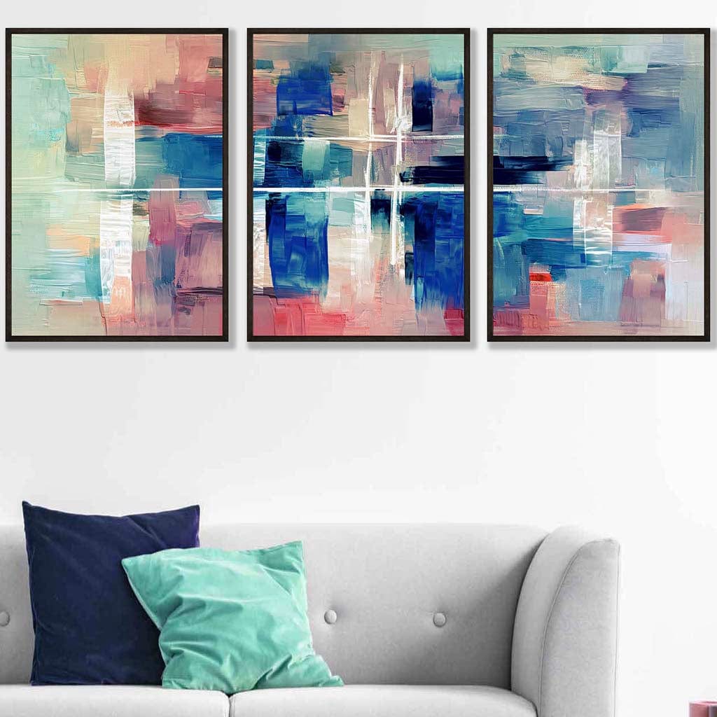 Set of 3 Geometric Abstract Strokes In Blue Pink Wall Art Prints