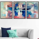 Set of 3 Geometric Abstract Strokes In Blue Pink Wall Art Prints