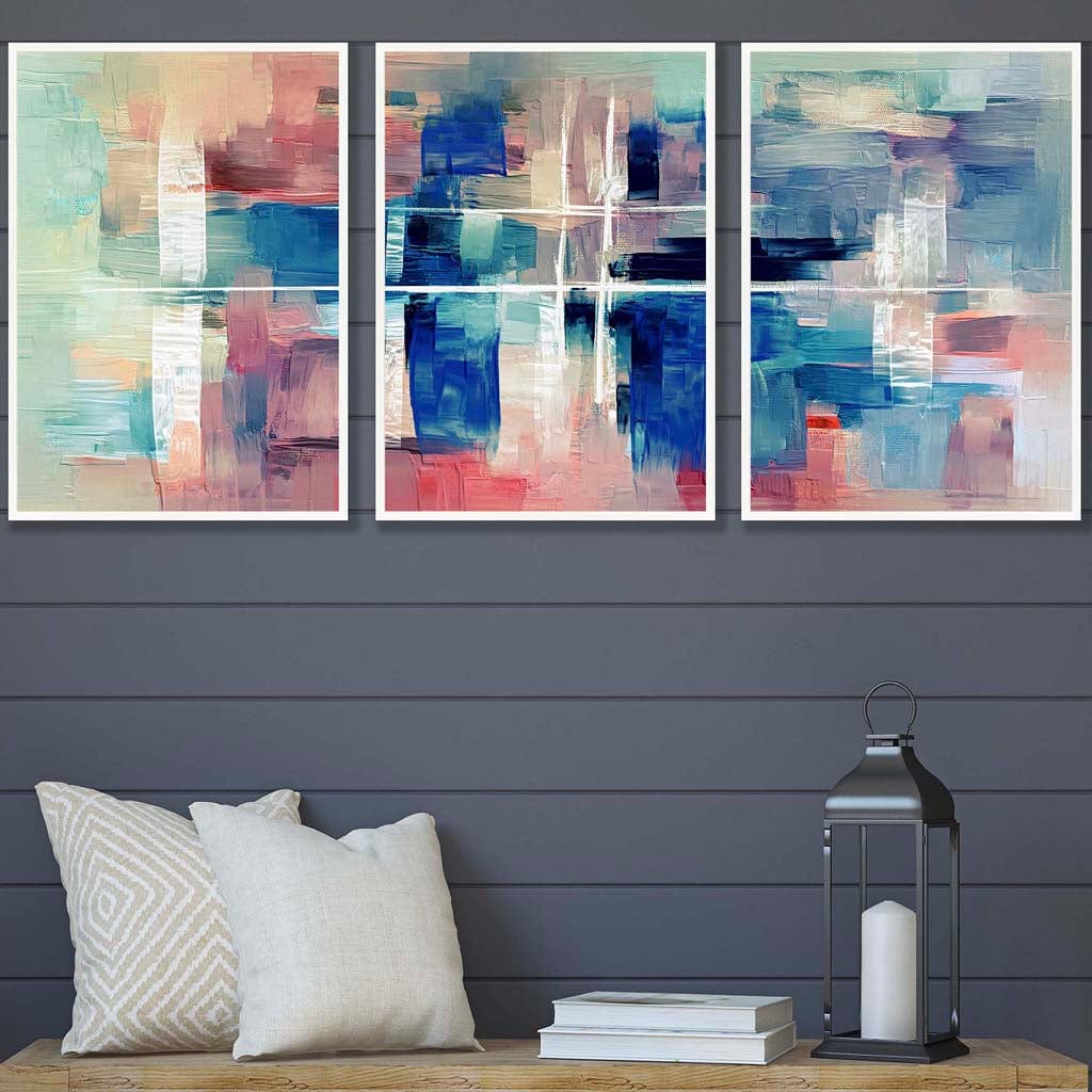 Set of 3 Geometric Abstract Strokes In Blue Pink Wall Art Prints