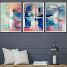 Set of 3 Geometric Abstract Strokes In Blue Pink Wall Art Prints