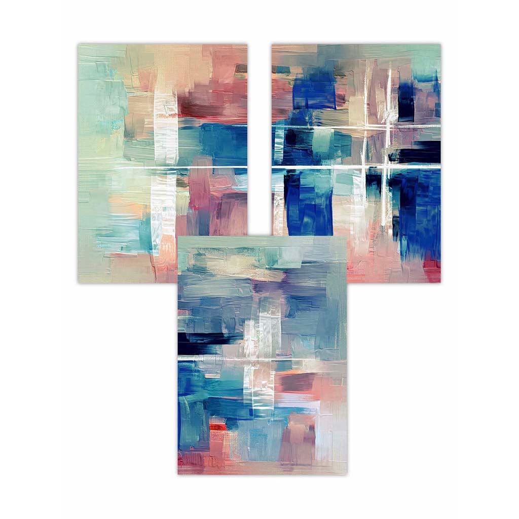 Set of 3 Geometric Abstract Strokes In Blue Pink Wall Art Prints