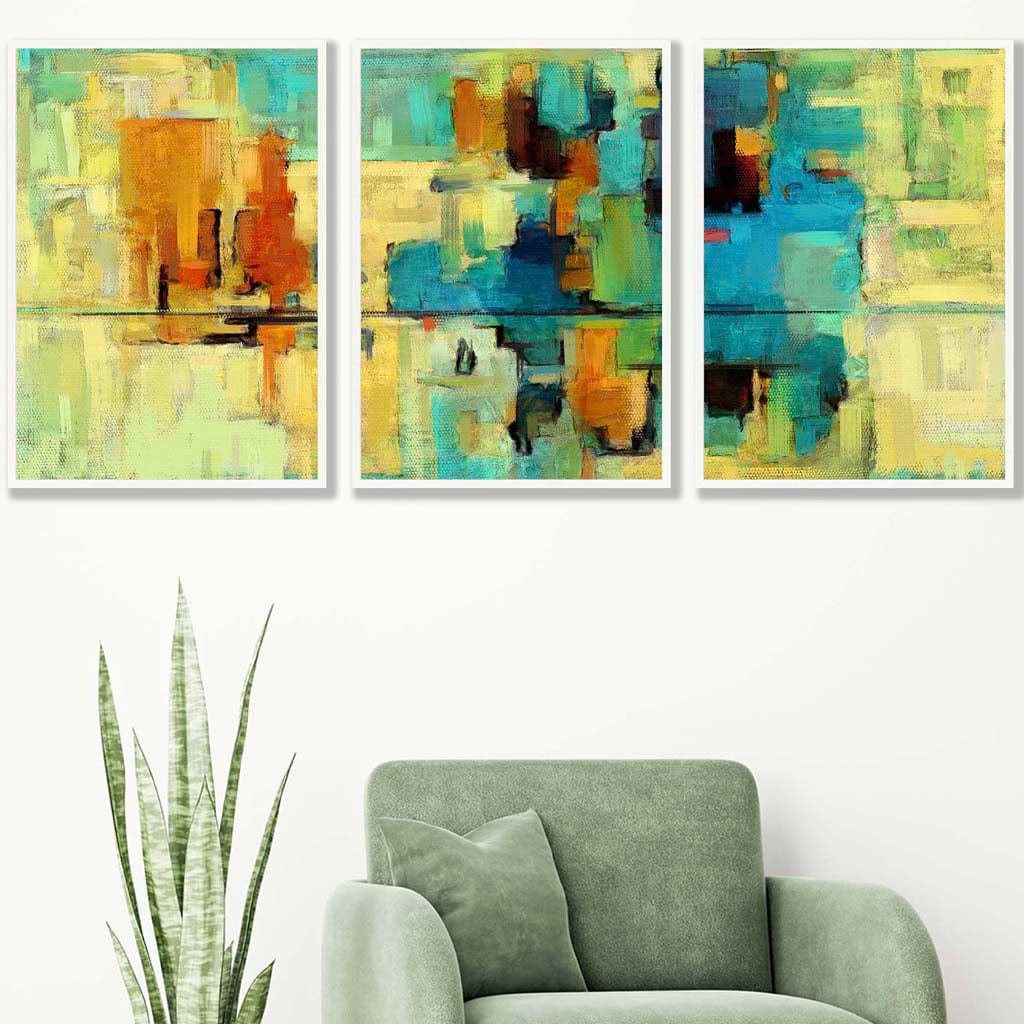 Set of 3 Geometric Abstract Strokes In Bright Green and Blue Wall Art Prints