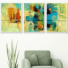 Set of 3 Geometric Abstract Strokes In Bright Green and Blue Wall Art Prints